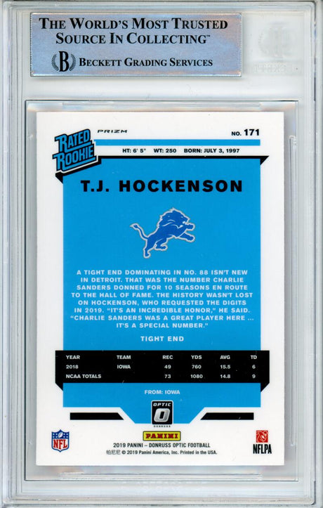 2019 Donruss Optic Pink#171 T.J. Hockenson Rated Rookie Detroit Lions BAS Autograph 10 Image 2