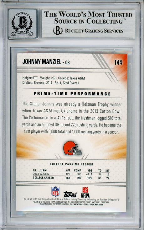 2014 Topps Prime #144A Johnny Manziel RC Cleveland Browns BAS Autograph 10  Image 2