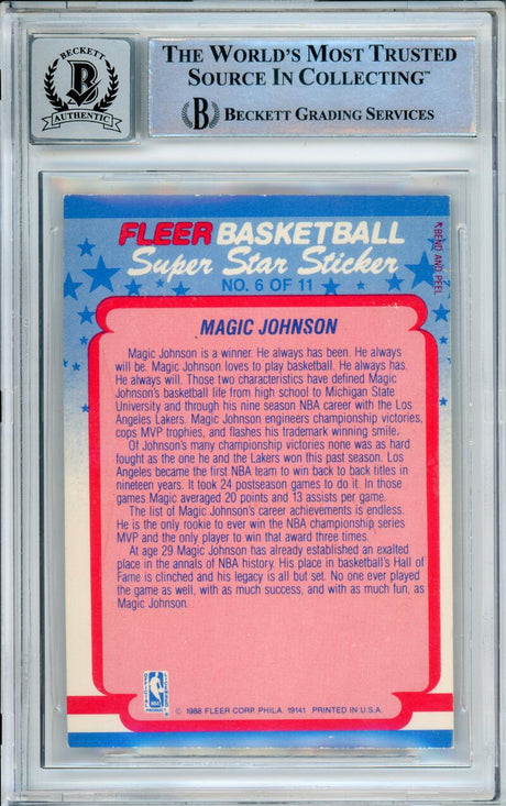 1988-89 Fleer Stickers #6 Magic Johnson Los Angeles Lakers BAS Autograph 10  Image 2