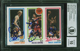 Bird, Erving & Magic Signed 1980 Topps Rookie Card Autos Graded 10! BAS Slab 1