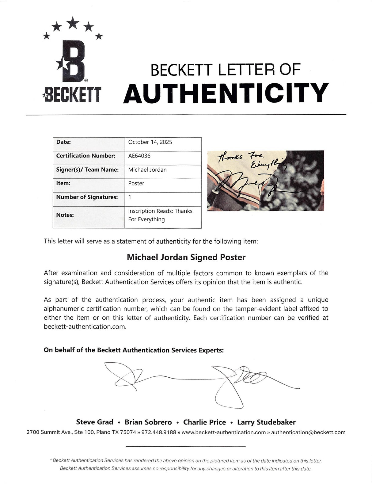 Bulls Michael Jordan Authentic Signed 24x36 Poster Autographed BAS #AE64036