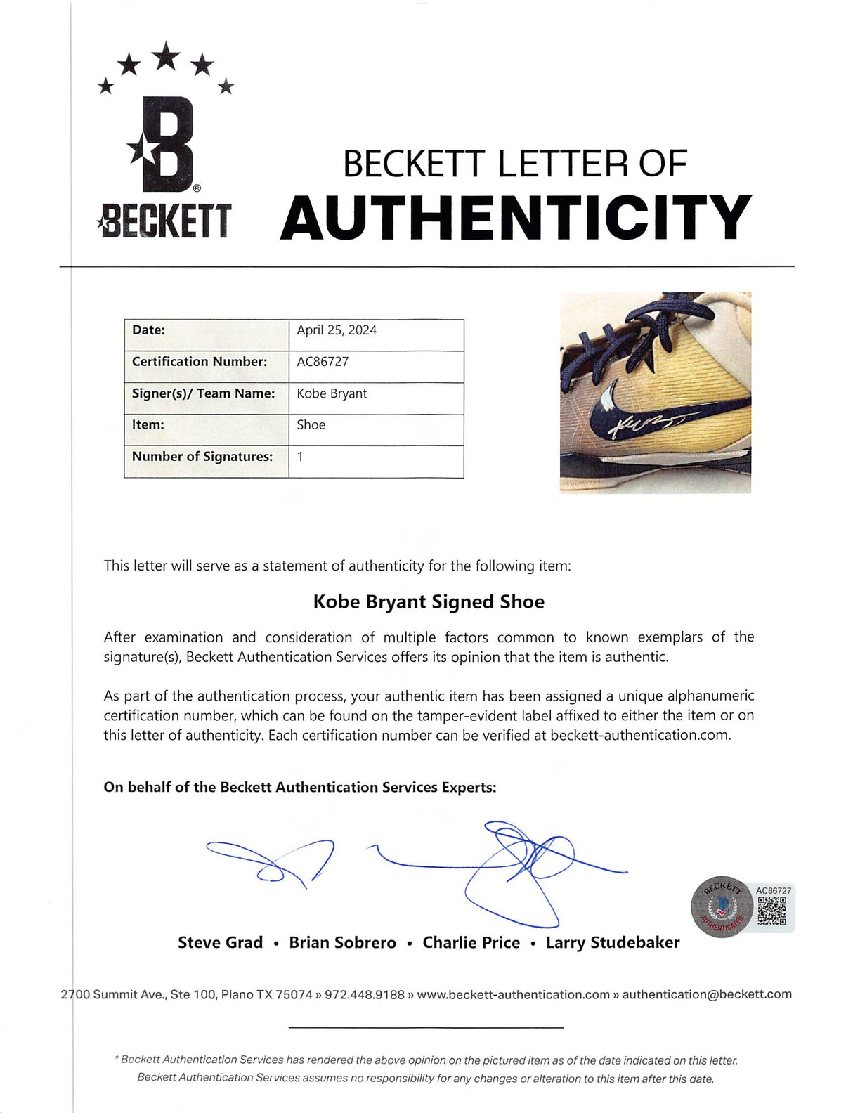 Lakers Kobe Bryant Signed 12/2/2012 Game Worn Nike Zoom Kobe VII Shoes BAS & SIA