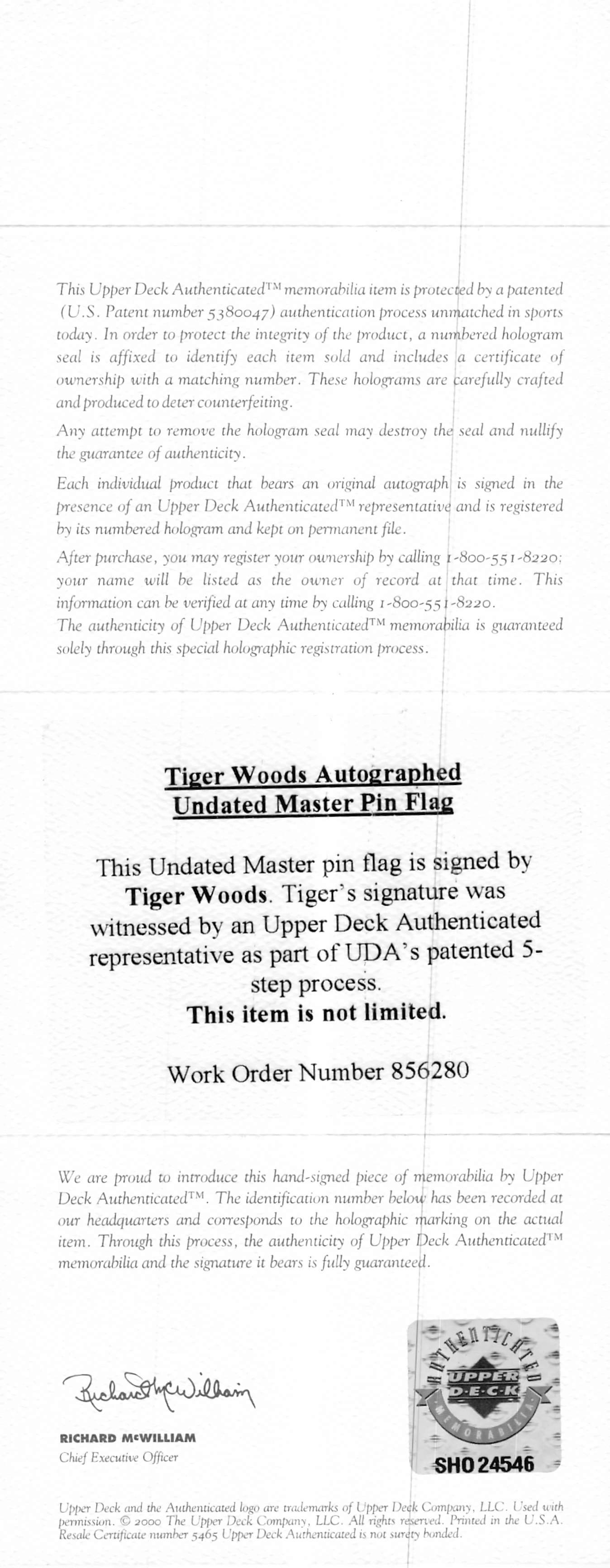Tiger Woods Authentic Signed Masters Pin Flag Autographed UDA #SHO24546