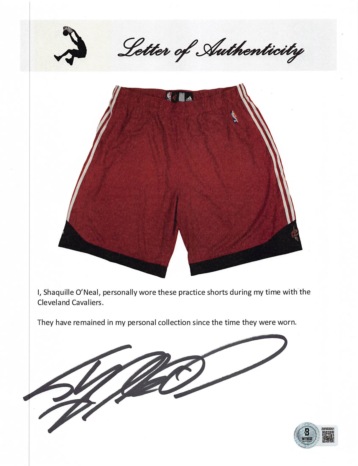 Cavaliers Shaquille O'Neal Signed Red Adidas Practice Shorts BAS Wit #2W958082