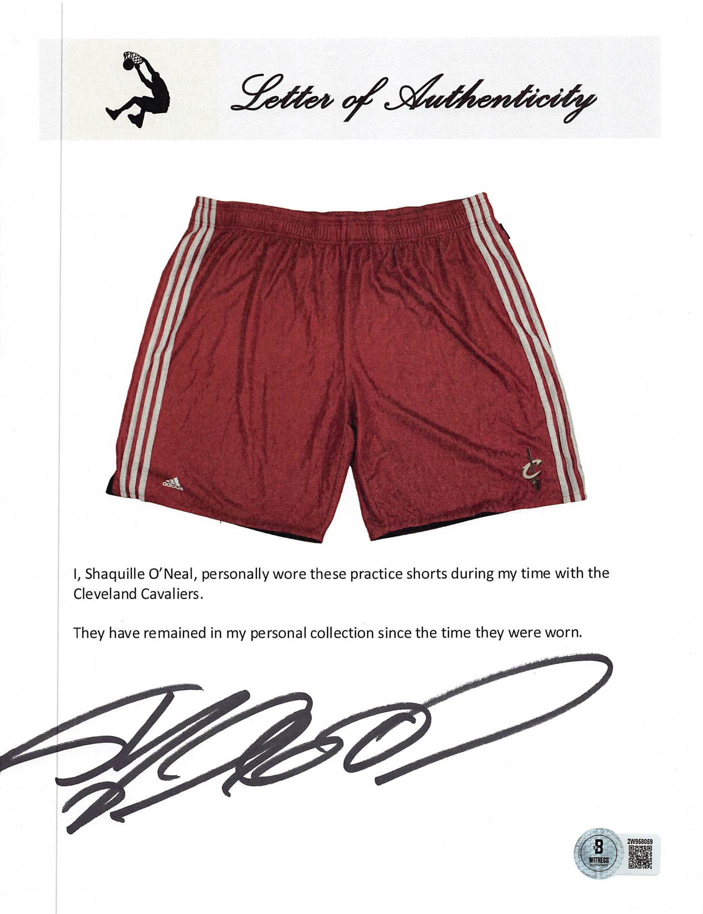 Cavaliers Shaquille O'Neal Signed Red Adidas Practice Shorts BAS Wit #2W958087