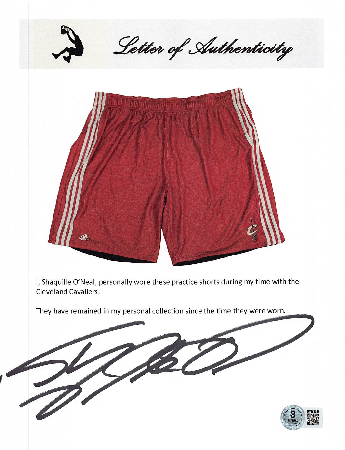 Cavaliers Shaquille O'Neal Signed Red Adidas Practice Shorts BAS Wit #2W958086