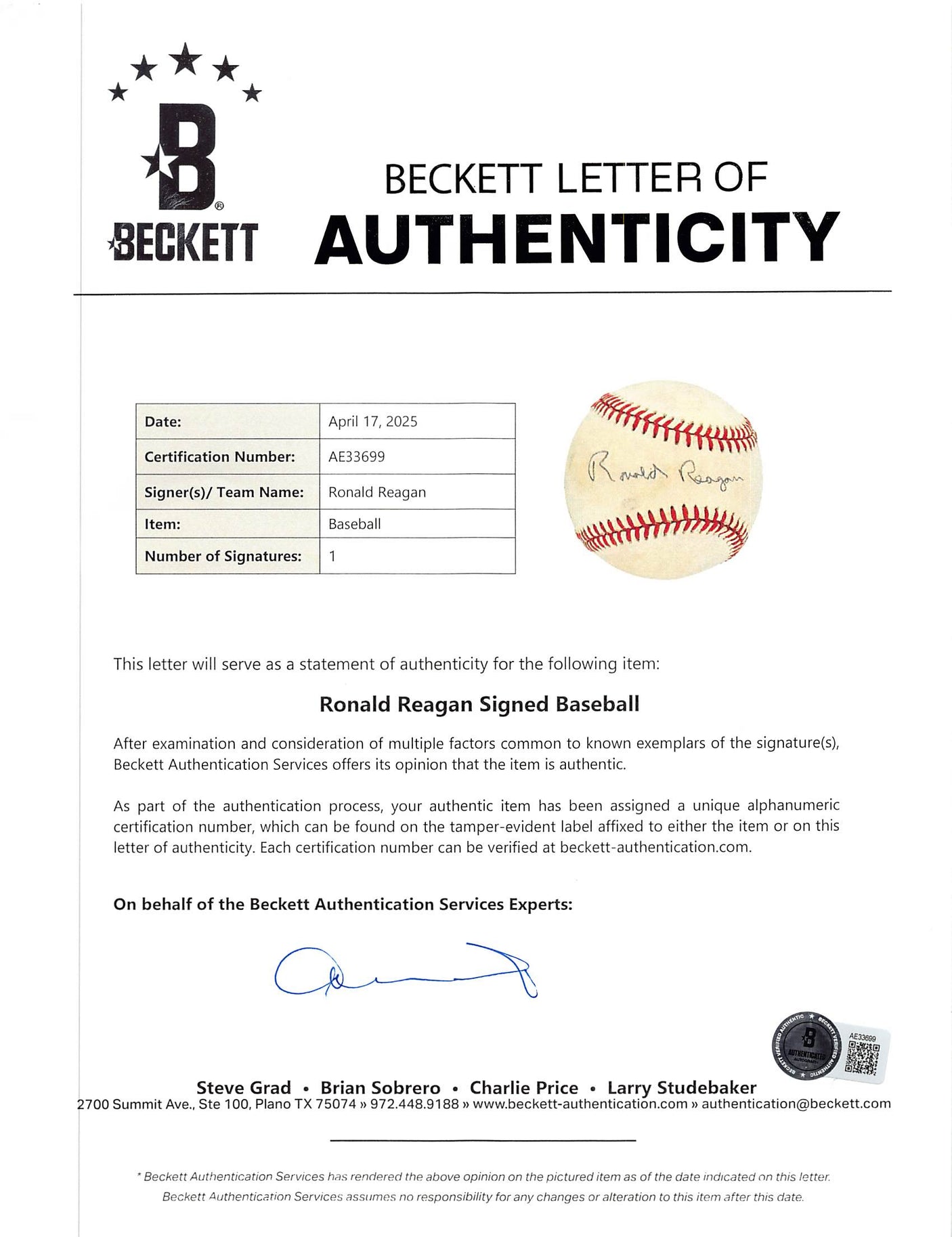 Ronald Reagan Authentic Signed Bobby Brown OAL Baseball Autographed BAS #AE33699