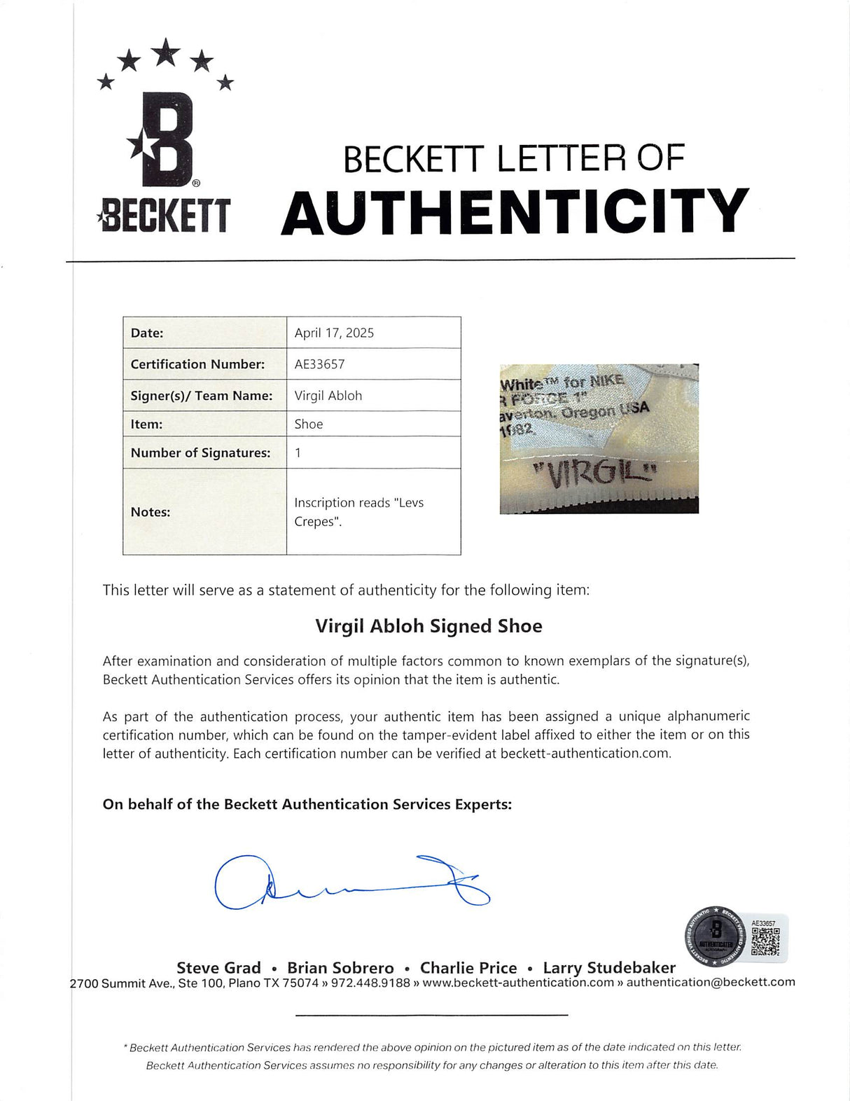 Virgil Abloh Signed 2017 Nike Off White Air Force 1 Low "The Ten" Shoes BAS LOA