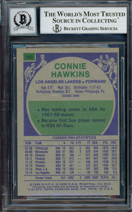 Connie Hawkins Autographed 1975-76 Topps Card #195 Los Angeles Lakers Auto Grade Gem Mint 10 Beckett BAS #13016040