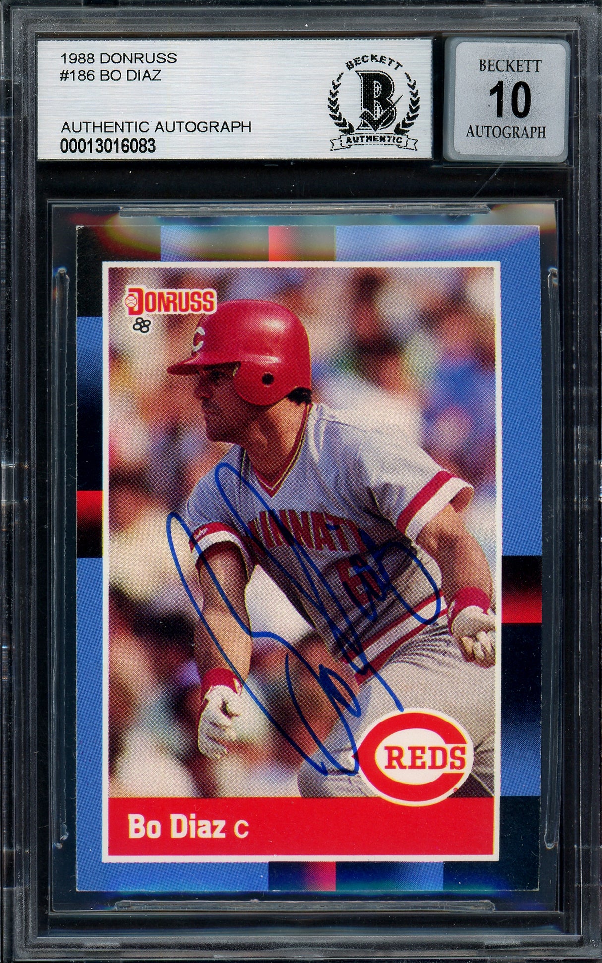 Bo Diaz Autographed 1988 Donruss Card #186 Cincinnati Reds Auto Grade Gem Mint 10 Beckett BAS #13016083