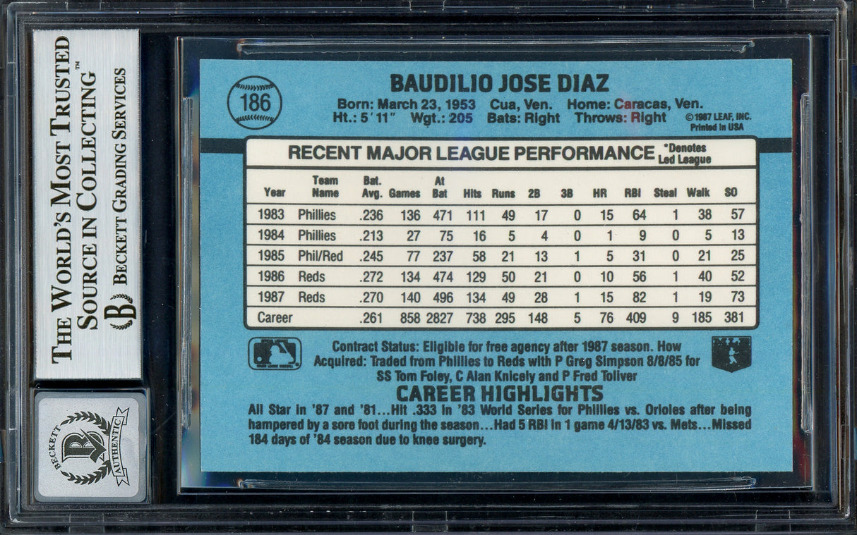 Bo Diaz Autographed 1988 Donruss Card #186 Cincinnati Reds Auto Grade Gem Mint 10 Beckett BAS #13016083