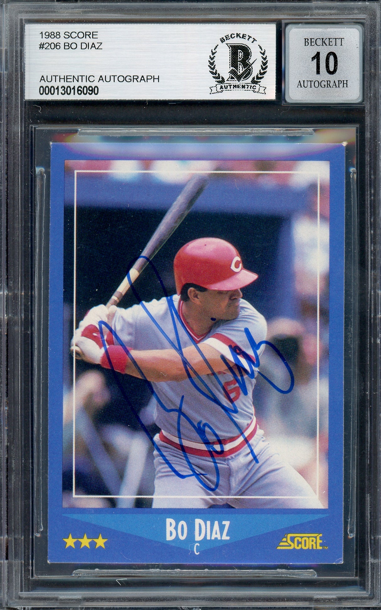 Bo Diaz Autographed 1988 Score Card #206 Cincinnati Reds Auto Grade Gem Mint 10 Beckett BAS #13016090