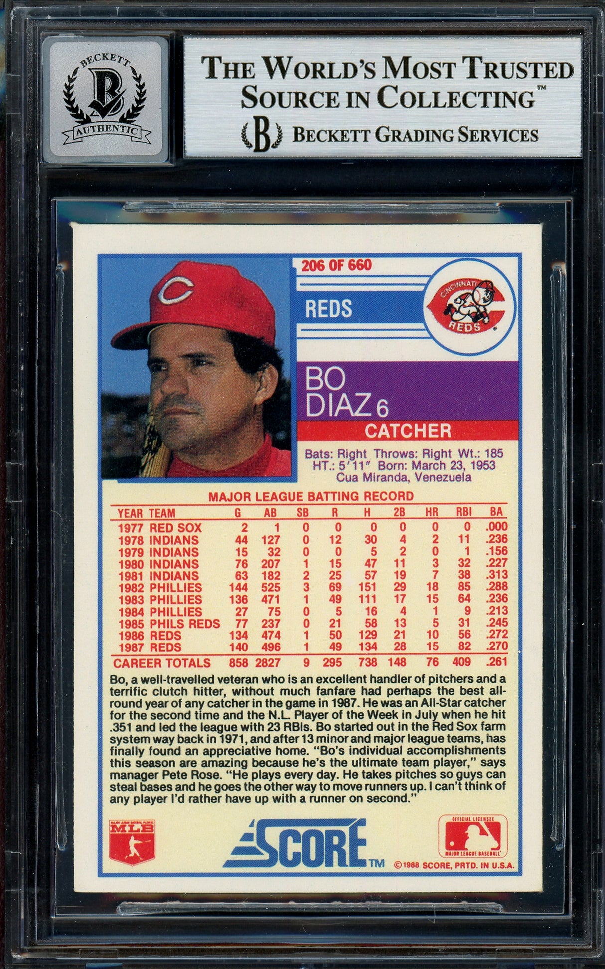 Bo Diaz Autographed 1988 Score Card #206 Cincinnati Reds Auto Grade Gem Mint 10 Beckett BAS #13016090