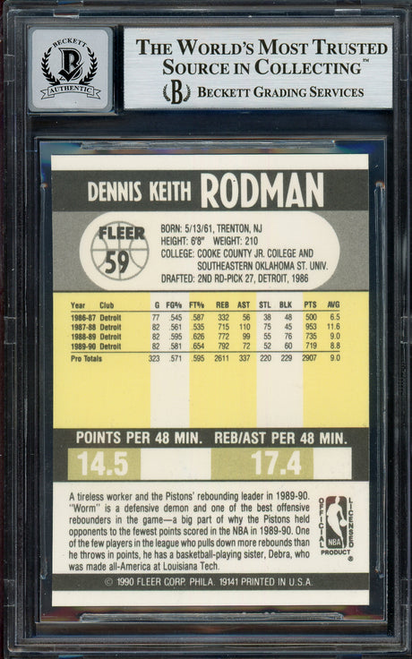 Dennis Rodman Autographed 1990-91 Fleer Card #59 Detroit Pistons Auto Grade Gem Mint 10 Beckett BAS Stock #194488