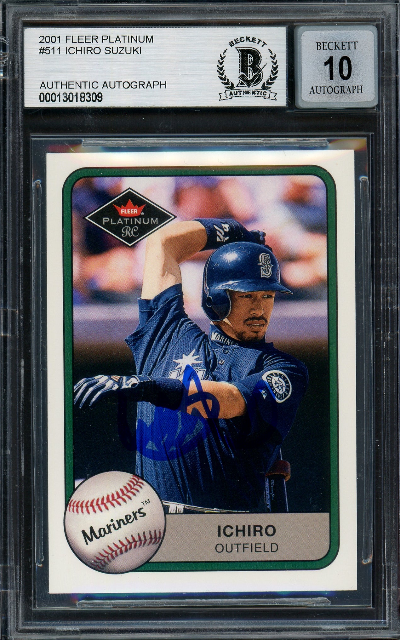 Ichiro Suzuki Autographed 2001 Fleer Platinum Rookie Card #511 Seattle Mariners Auto Grade Gem Mint 10 Beckett BAS #13018309