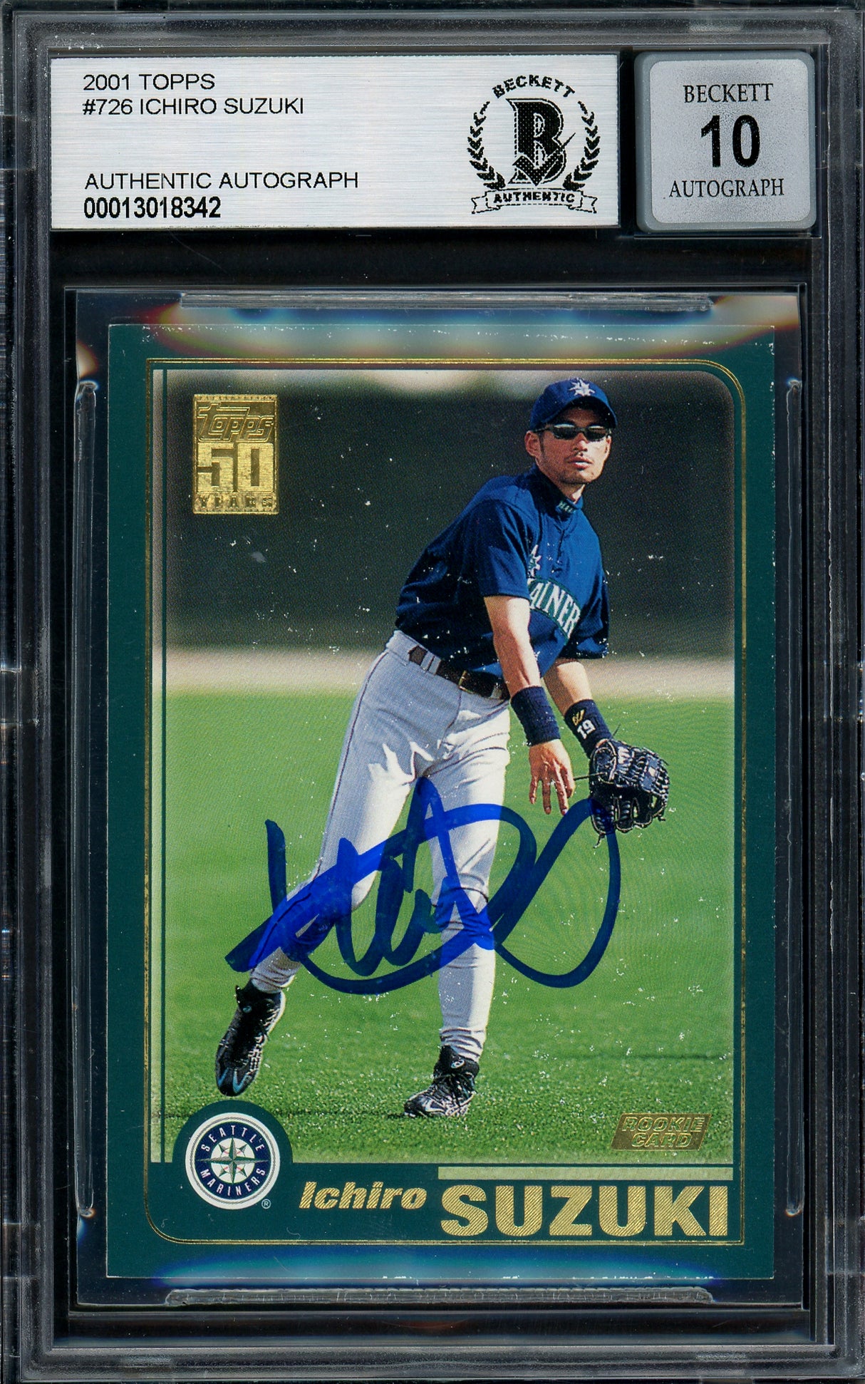 Ichiro Suzuki Autographed 2001 Topps Rookie Card #726 Seattle Mariners Auto Grade Gem Mint 10 (Off Condition) Beckett BAS #13018342