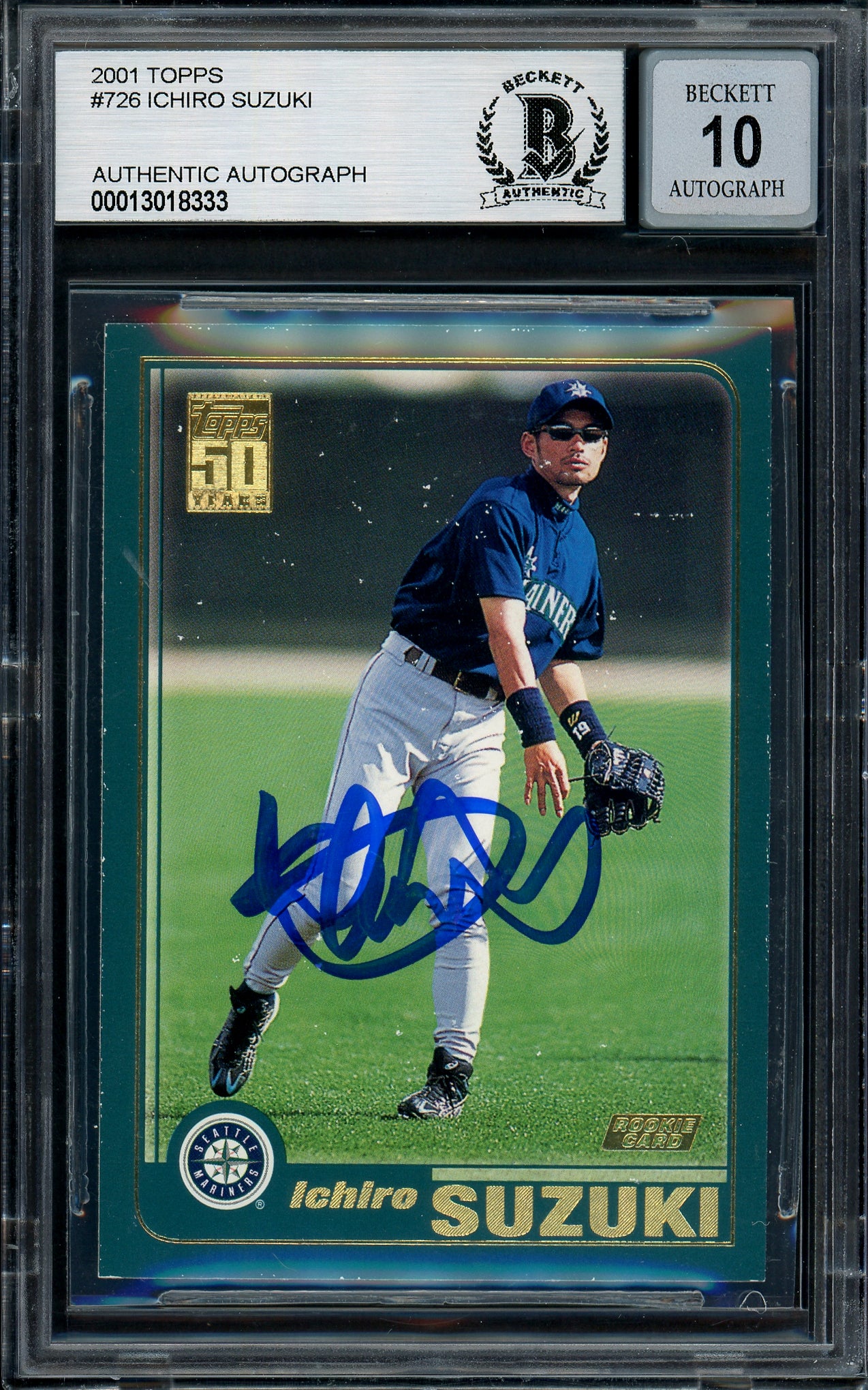 Ichiro Suzuki Autographed 2001 Topps Rookie Card #726 Seattle Mariners Auto Grade Gem Mint 10 (Off Condition) Beckett BAS #13018333