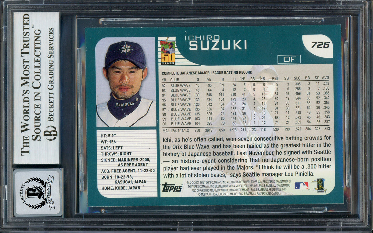 Ichiro Suzuki Autographed 2001 Topps Rookie Card #726 Seattle Mariners Auto Grade Gem Mint 10 (Off Condition) Beckett BAS #13018333