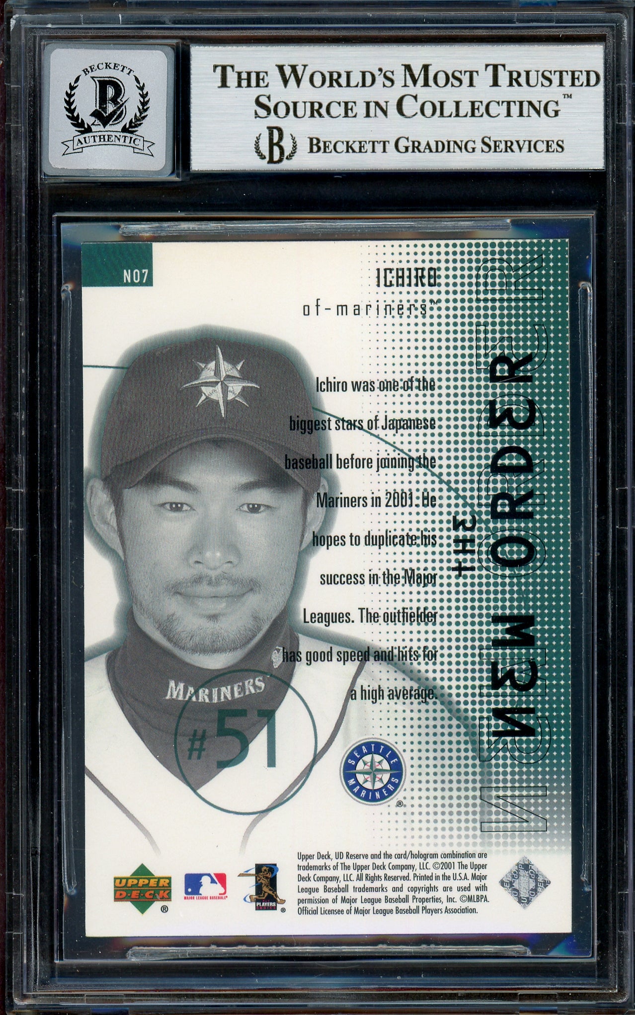 Ichiro Suzuki Autographed 2001 Upper Deck New Order Rookie Card #NO7 Seattle Mariners Auto Grade Gem Mint 10 Beckett BAS #13018484