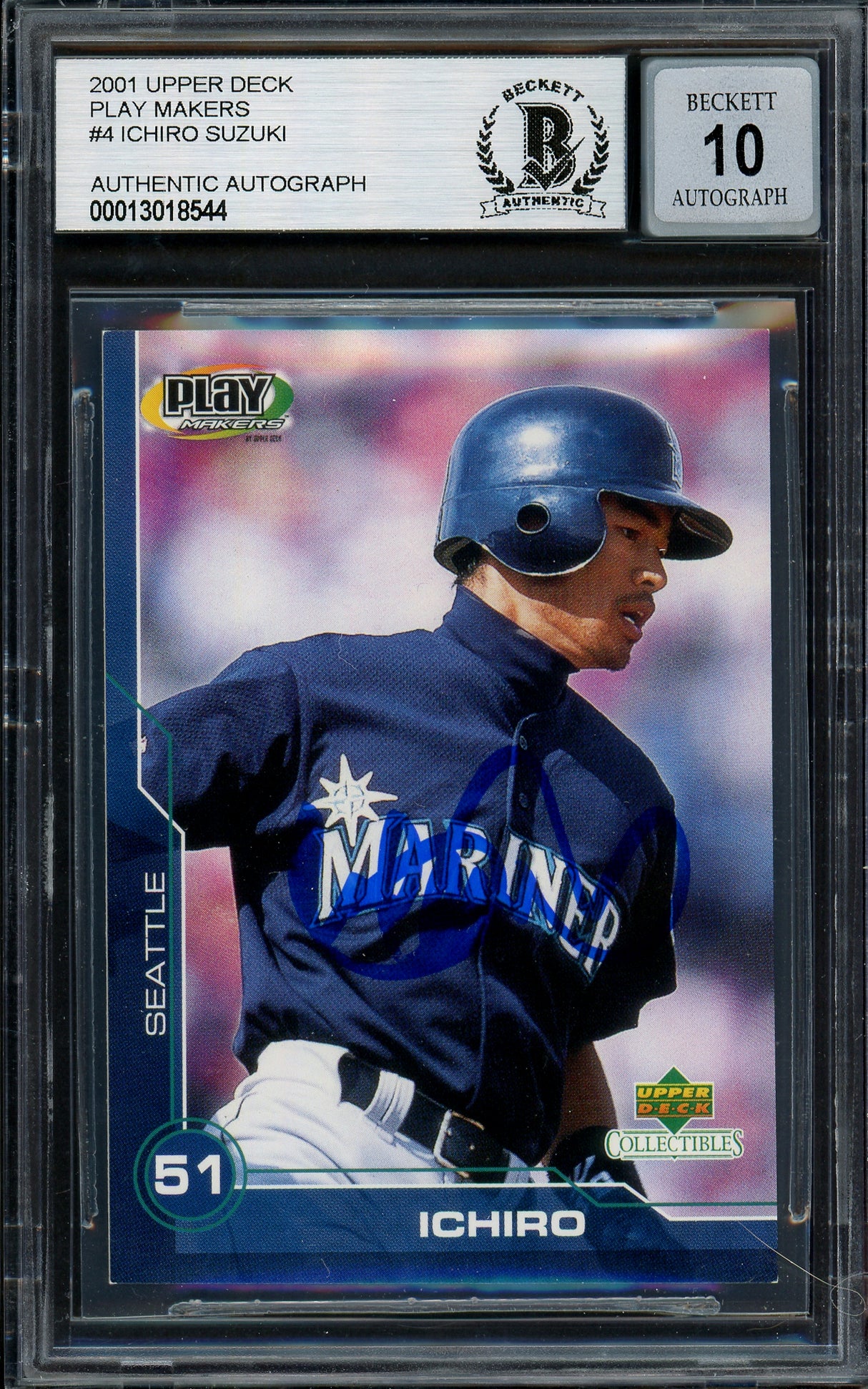 Ichiro Suzuki Autographed 2001 Upper Deck Play Makers Rookie Card #4 Seattle Mariners Auto Grade Gem Mint 10 Beckett BAS #13018544