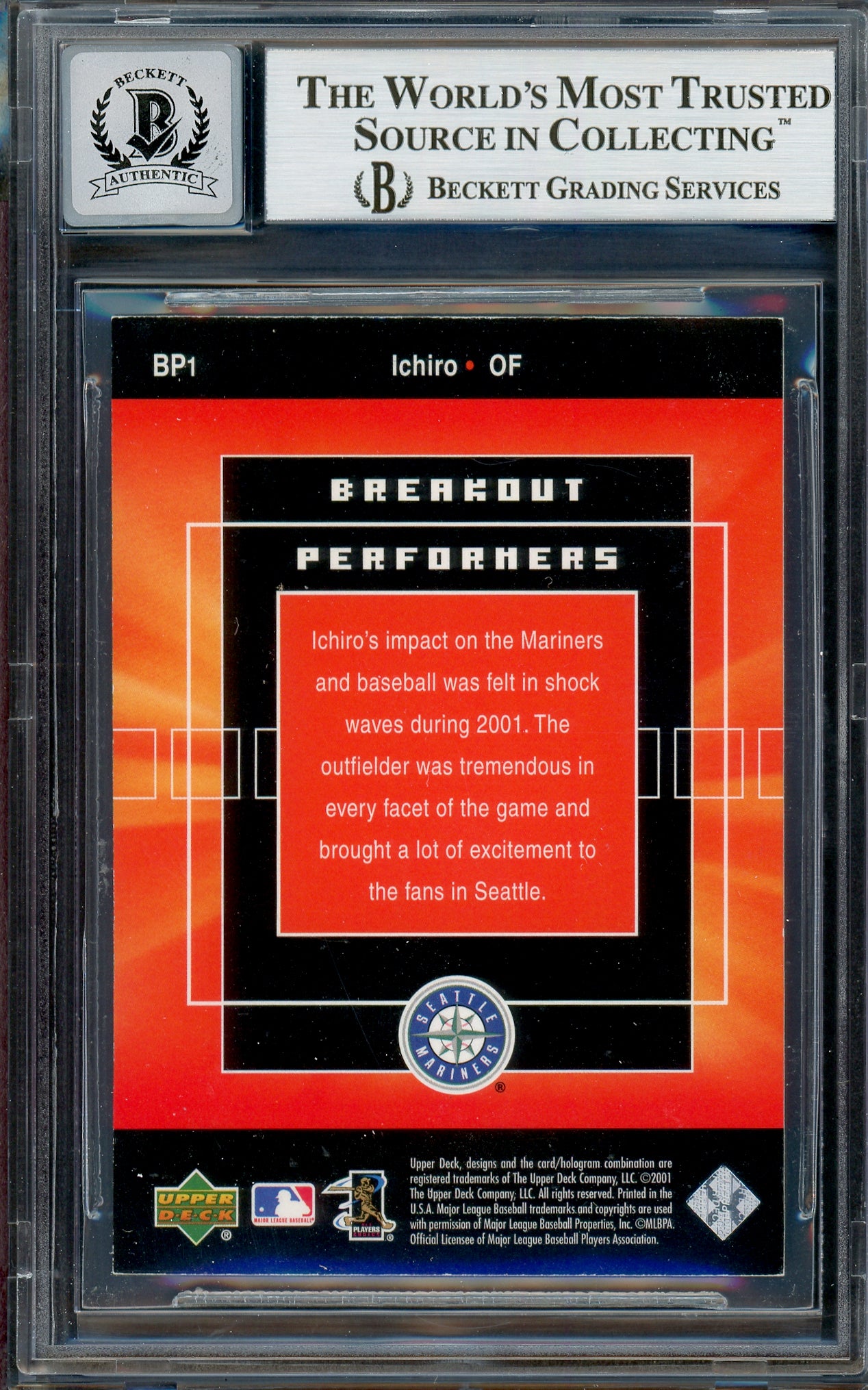 Ichiro Suzuki Autographed 2002 Upper Deck Breakout Performers Card #BP1 Seattle Mariners Auto Grade Gem Mint 10 Beckett BAS #13018576