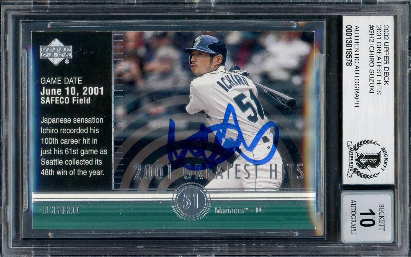 Ichiro Suzuki Autographed 2002 Upper Deck 2001 Greatest Hits Card #GH2 Seattle Mariners Auto Grade Gem Mint 10 Beckett BAS #13018578