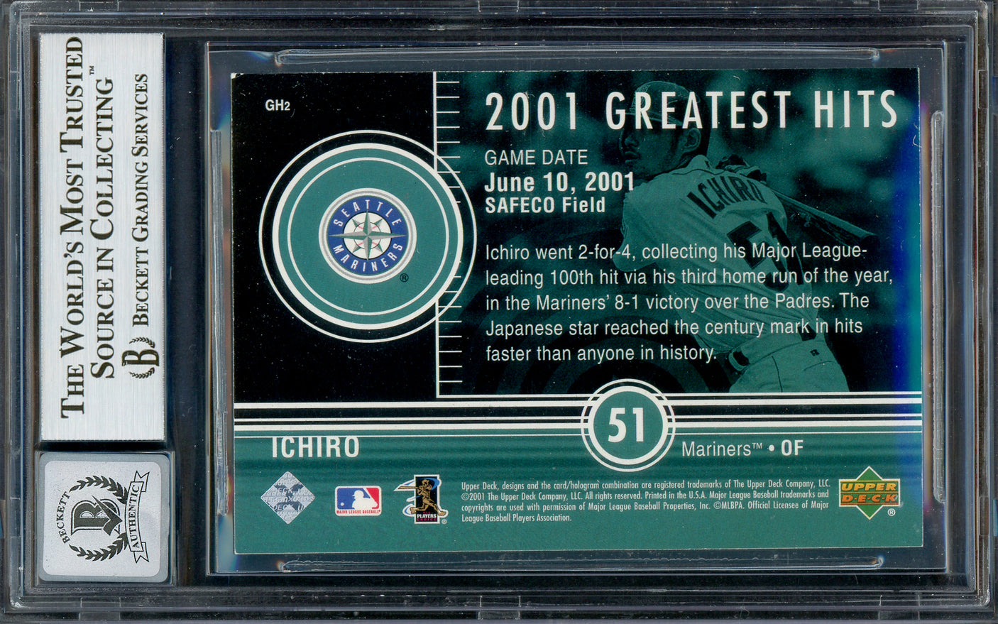Ichiro Suzuki Autographed 2002 Upper Deck 2001 Greatest Hits Card #GH2 Seattle Mariners Auto Grade Gem Mint 10 Beckett BAS #13018578