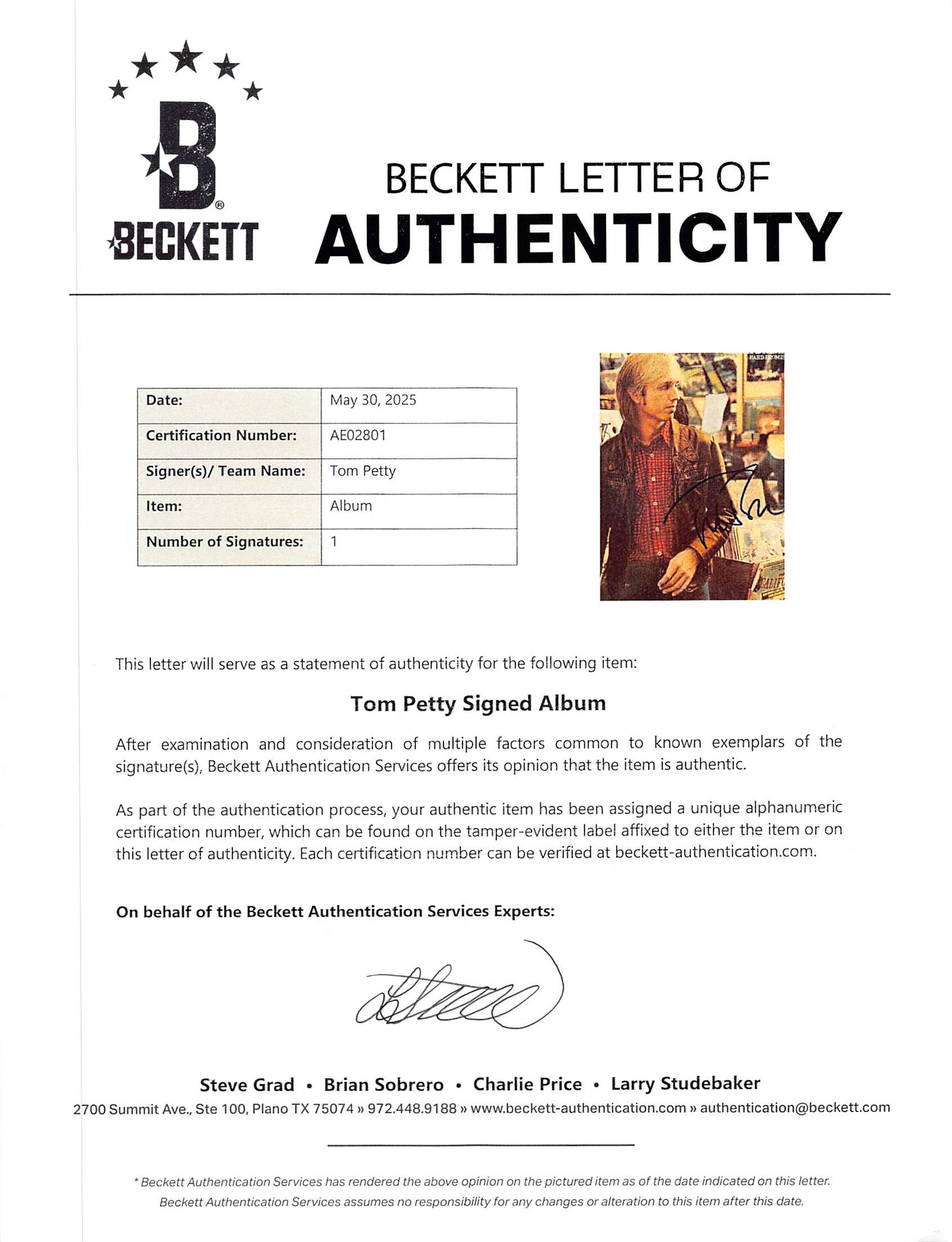 Tom Petty Authentic Signed Hard Promises Album Cover W/ Vinyl BAS #AE02801
