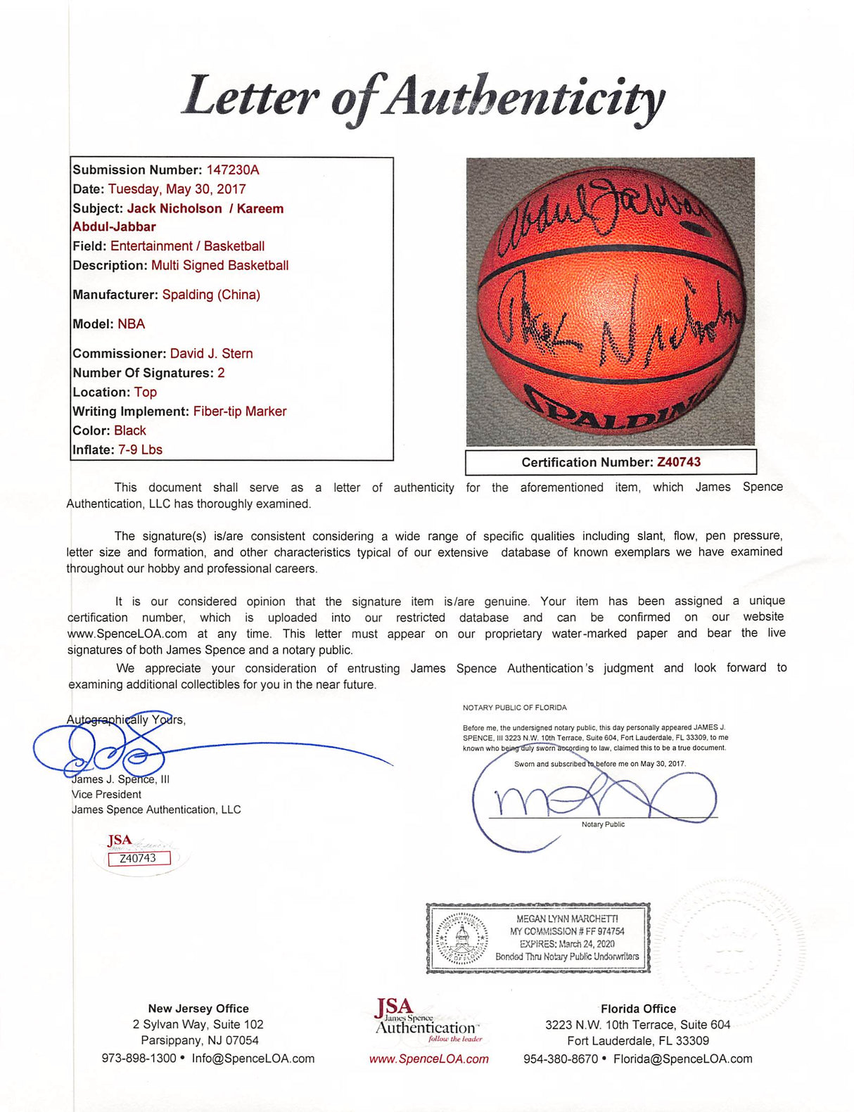Jack Nicholson & Kareem Abdul-Jabbar Signed Spalding Basketball JSA #Z40743