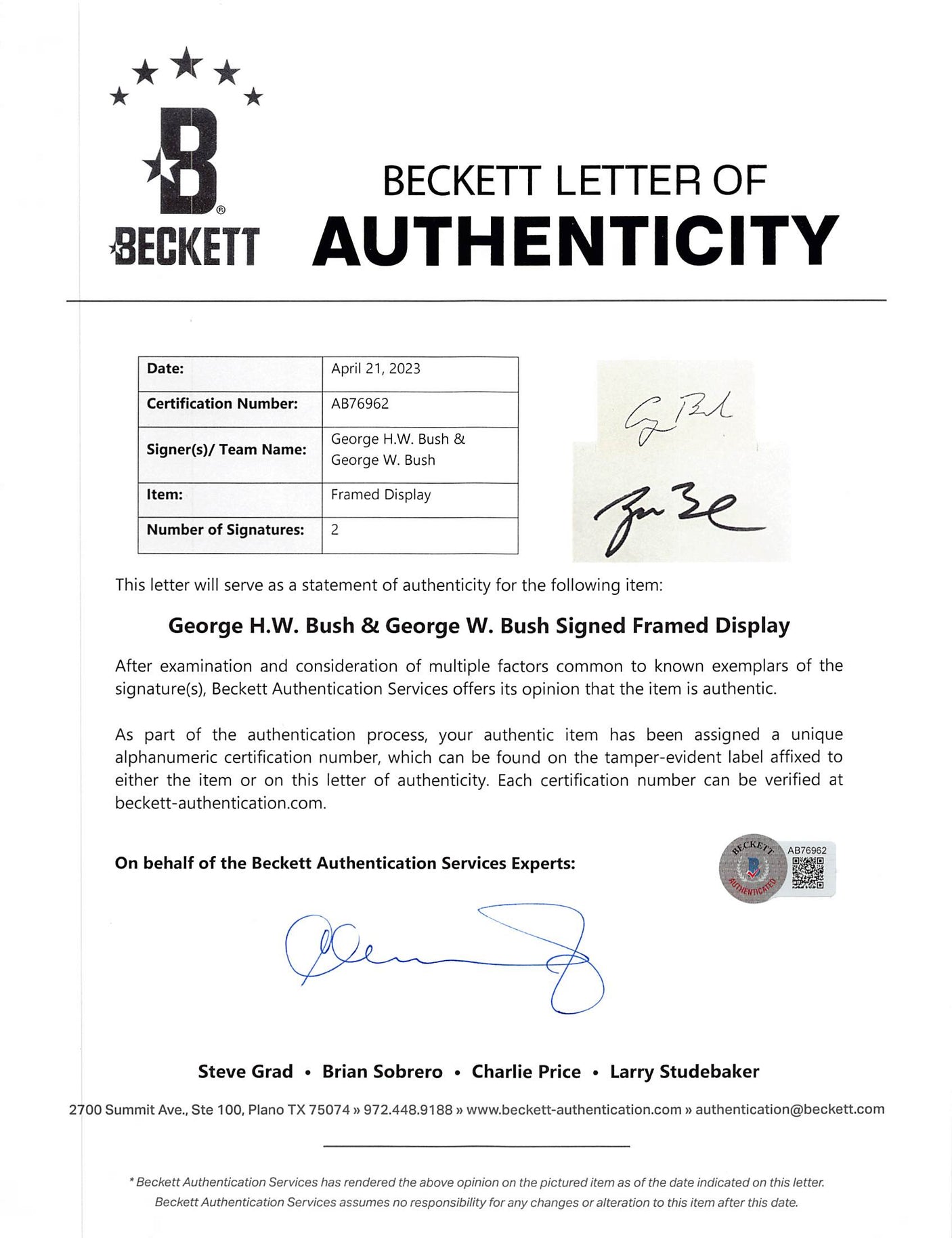 George H.W. Bush & George W. Bush Authentic Signed Framed Display BAS #AB76962