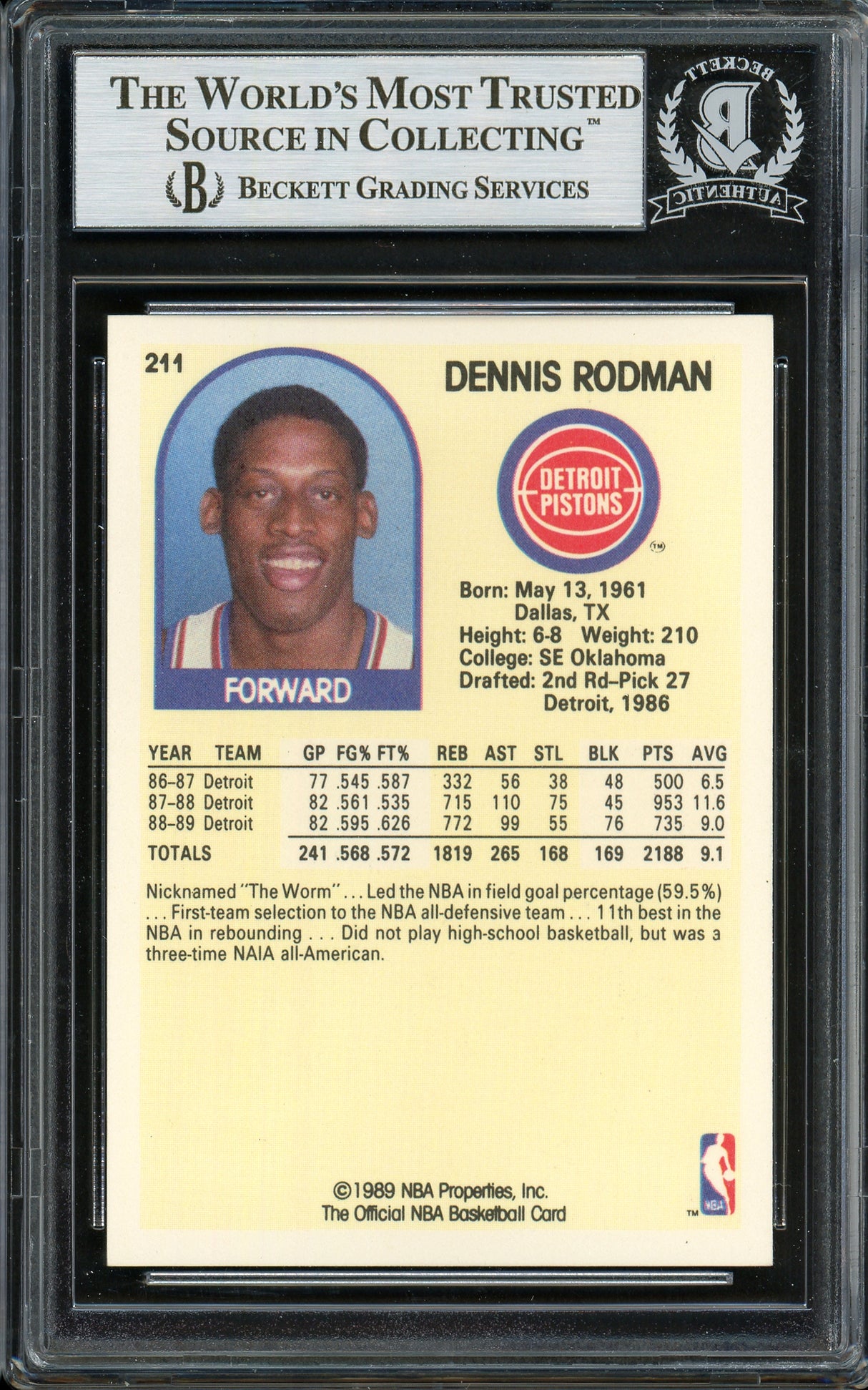 Dennis Rodman Autographed 1989-90 Hoops Card #211 Detroit Pistons Beckett BAS Stock #194990