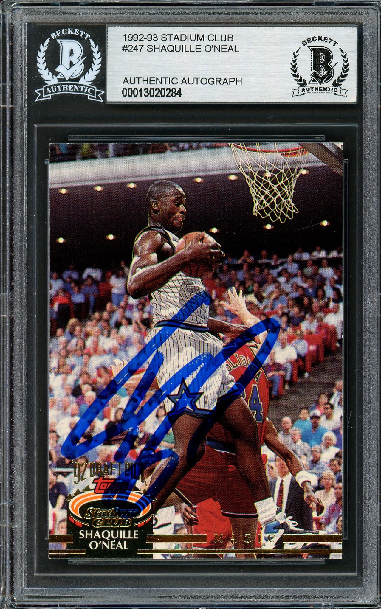 Shaquille Shaq O'Neal Autographed 1992-93 Stadium Club Rookie Card #247 Orlando Magic Beckett BAS #13020284
