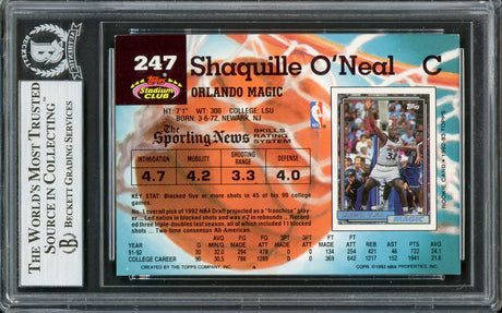 Shaquille Shaq O'Neal Autographed 1992-93 Stadium Club Rookie Card #247 Orlando Magic Beckett BAS #13020287
