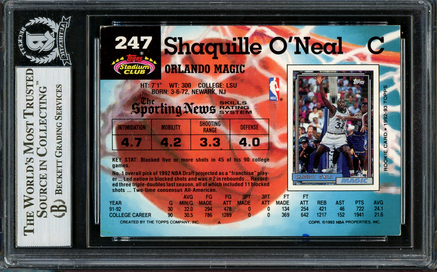 Shaquille Shaq O'Neal Autographed 1992-93 Stadium Club Rookie Card #247 Orlando Magic Beckett BAS #13020289