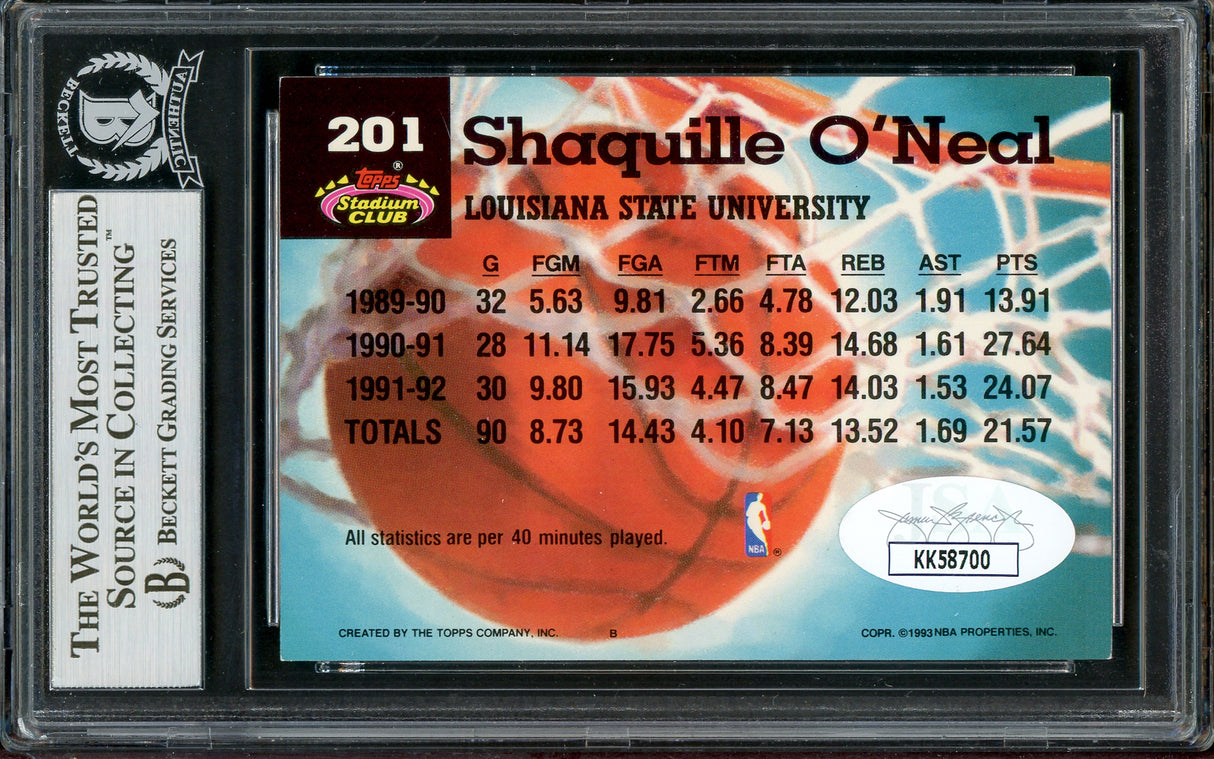Shaquille Shaq O'Neal Autographed 1992-93 Stadium Club Members Choice Rookie Card #201 Orlando Magic Beckett BAS #13020290