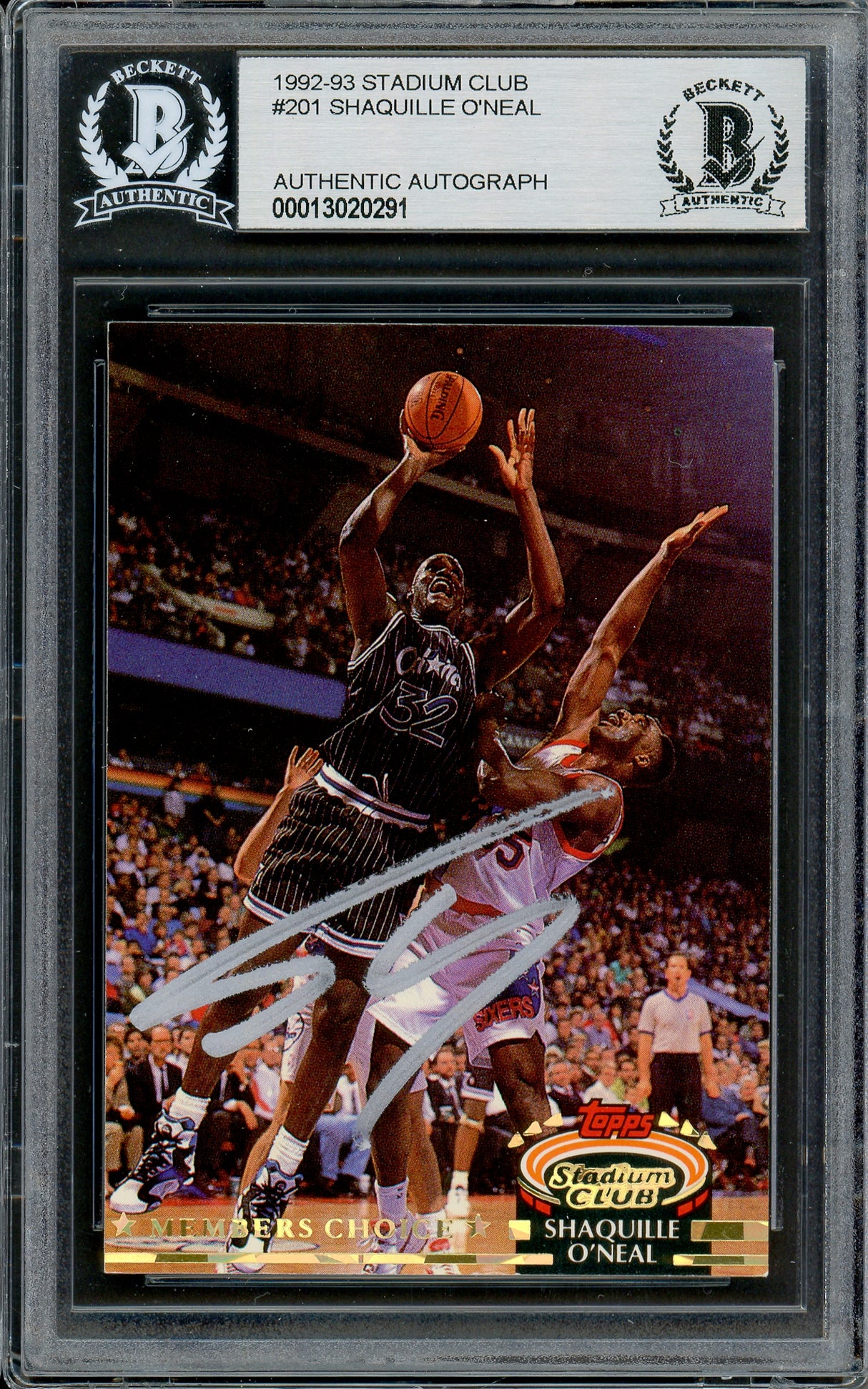 Shaquille Shaq O'Neal Autographed 1992-93 Stadium Club Members Choice Rookie Card #201 Orlando Magic Beckett BAS #13020291