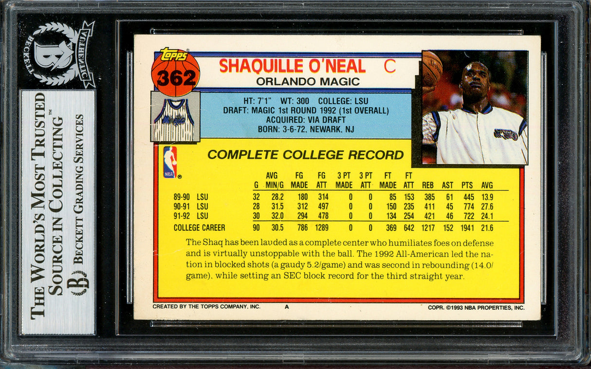 Shaquille Shaq O'Neal Autographed 1992-93 Topps Rookie Card #362 Orlando Magic (Off Condition) Beckett BAS #13020384