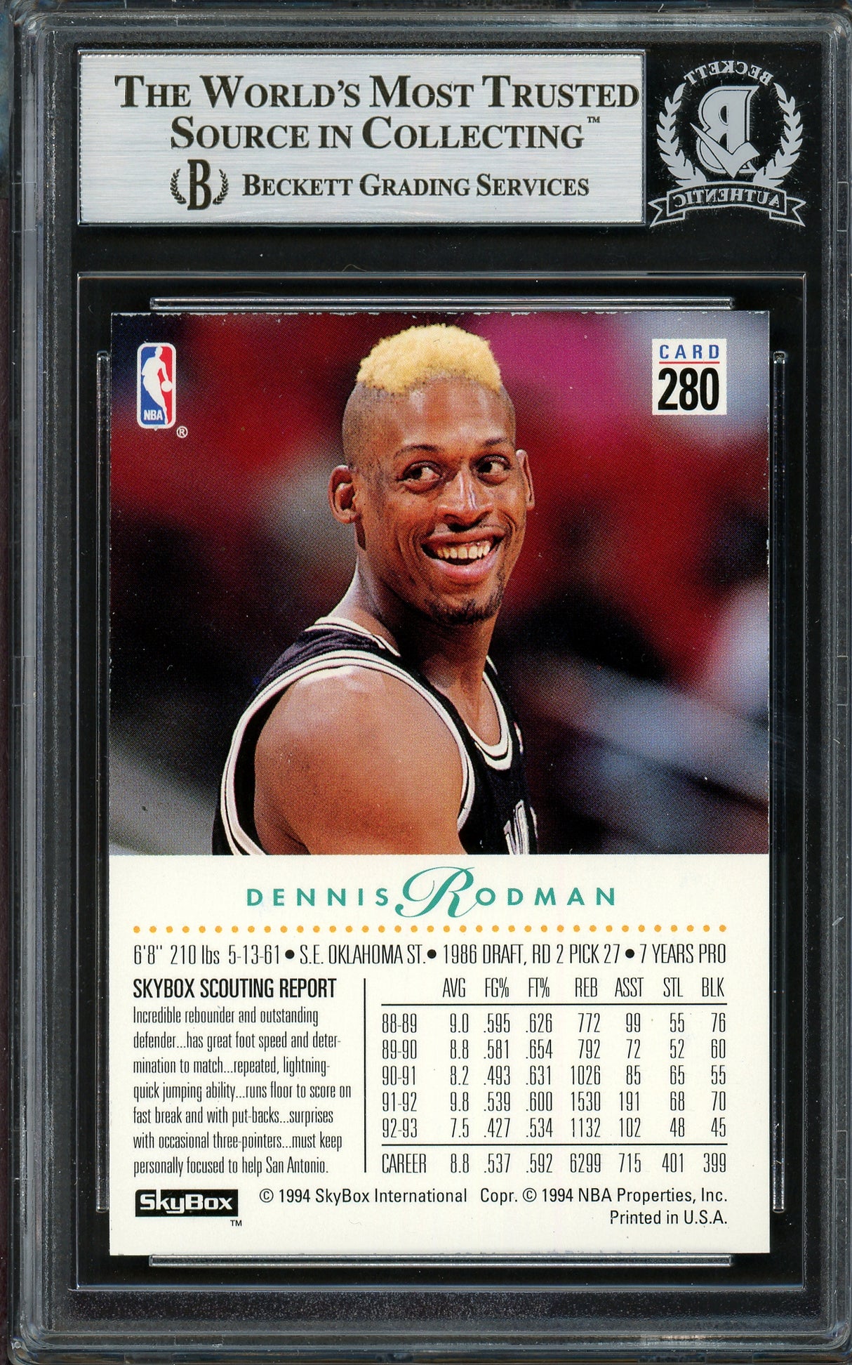 Dennis Rodman Autographed 1993-94 Skybox Card #280 San Antonio Spurs Beckett BAS Stock #195137