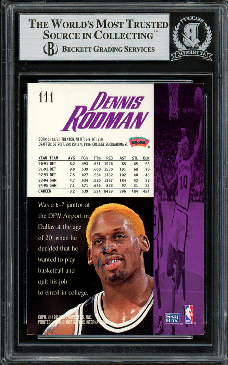 Dennis Rodman Autographed 1995-96 Skybox Card #111 San Antonio Spurs Beckett BAS #13020718