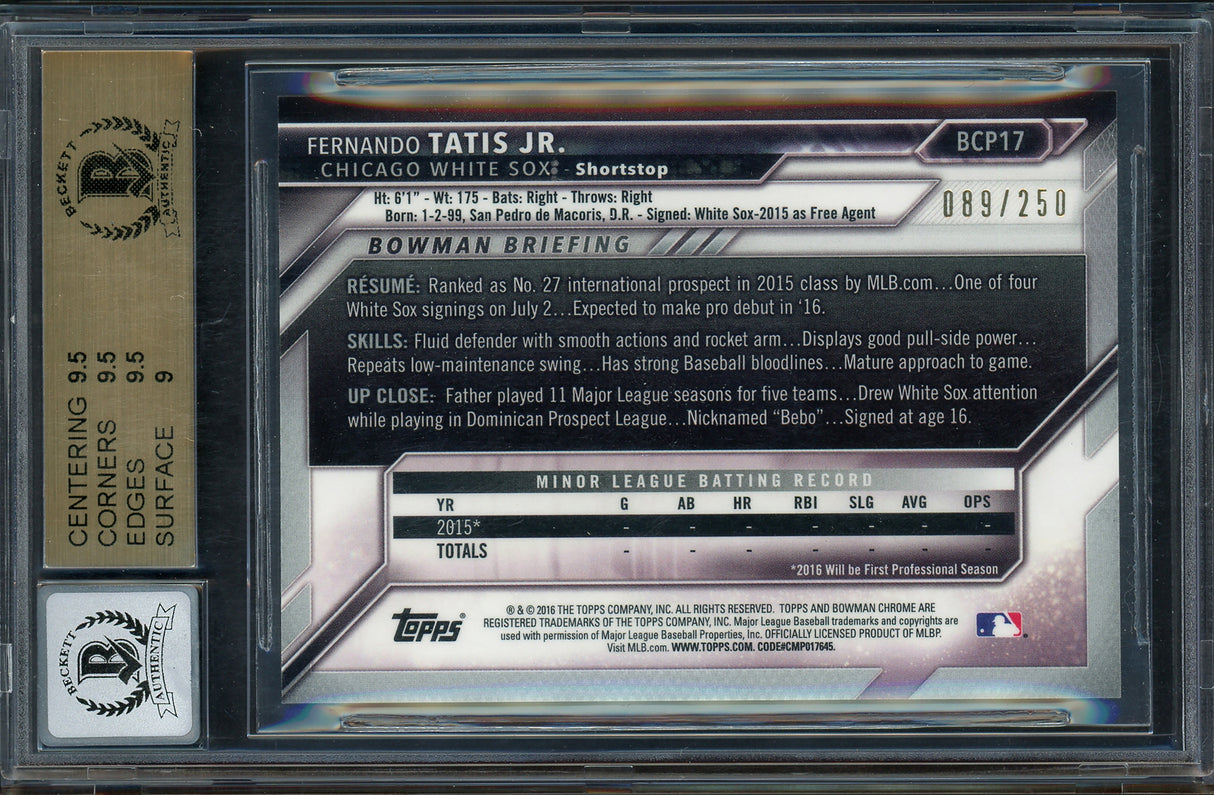 Fernando Tatis Jr. Autographed 2016 Bowman Chrome Purple Refractor Rookie Card #BCP17 San Diego Padres BGS 9.5 Auto Grade Gem Mint 10 #89/250 Beckett BAS #12973222