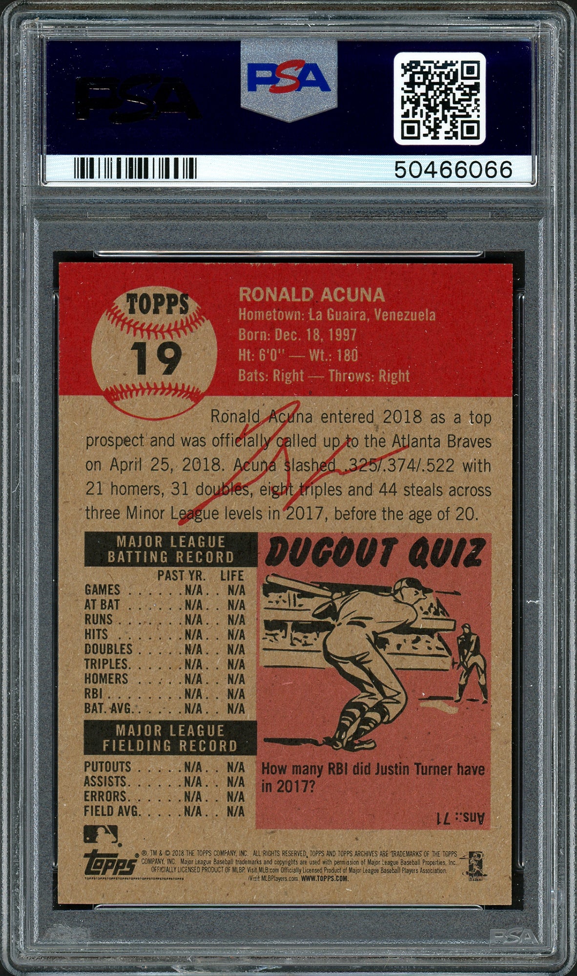 Ronald Acuna Jr. Autographed 2018 Topps Living Rookie Card #19 Atlanta Braves PSA 8 Auto Grade Gem Mint 10 PSA/DNA #50466066