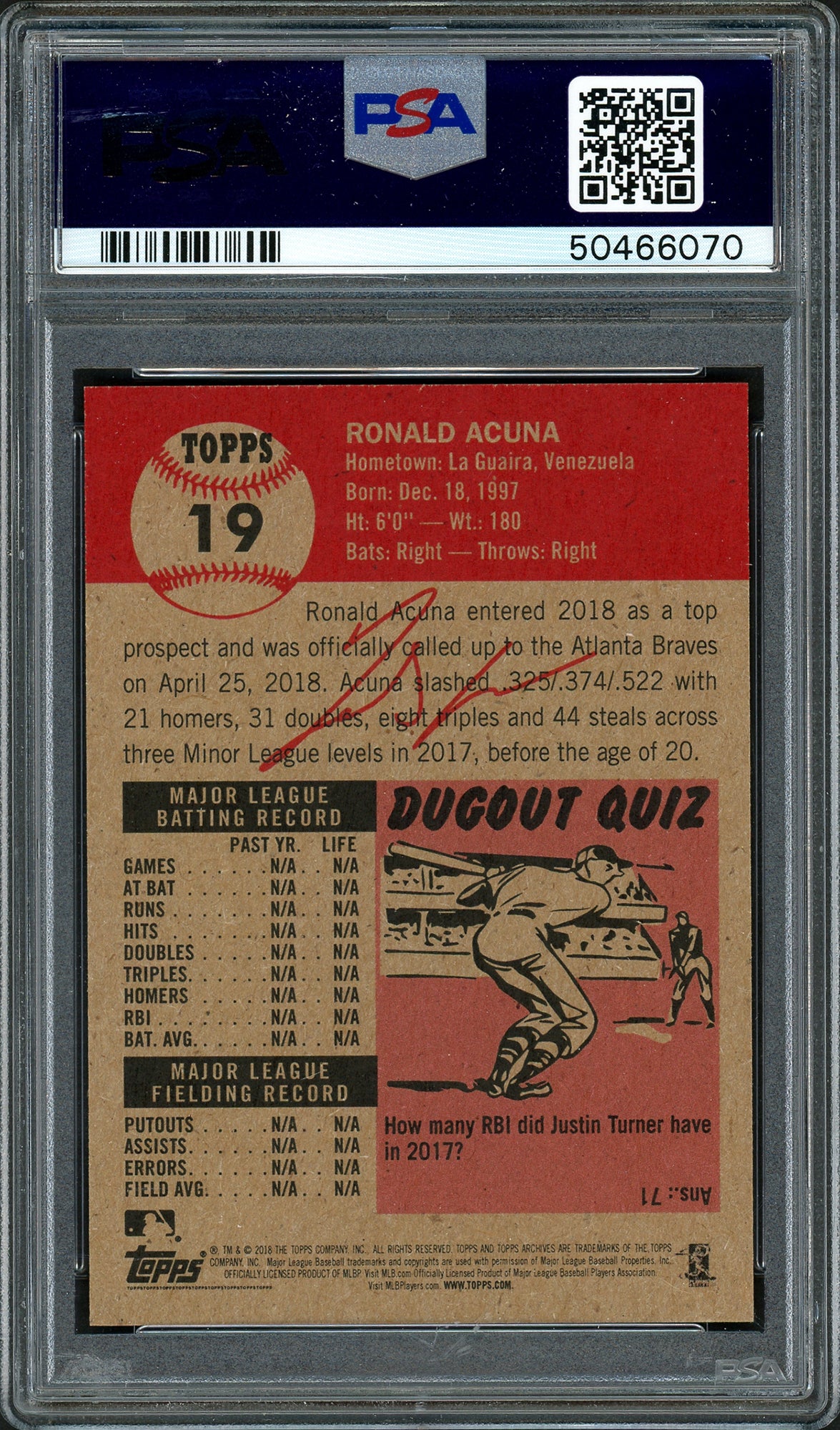 Ronald Acuna Jr. Autographed 2018 Topps Living Rookie Card #19 Atlanta Braves PSA 8 Auto Grade Gem Mint 10 PSA/DNA #50466070