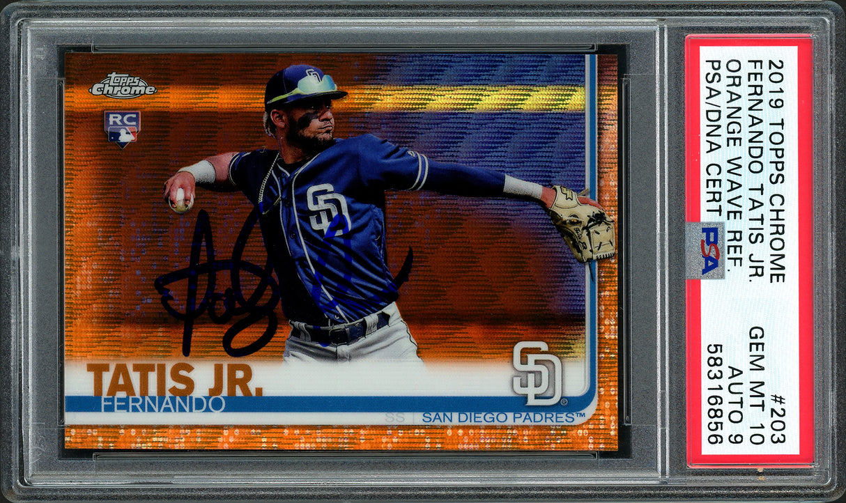 Fernando Tatis Jr. Autographed 2019 Topps Chrome Orange Wave Refractor Rookie Card #203 San Diego Padres PSA 10 Auto Grade Mint 9 Highest Graded #14/25 PSA/DNA #58316856