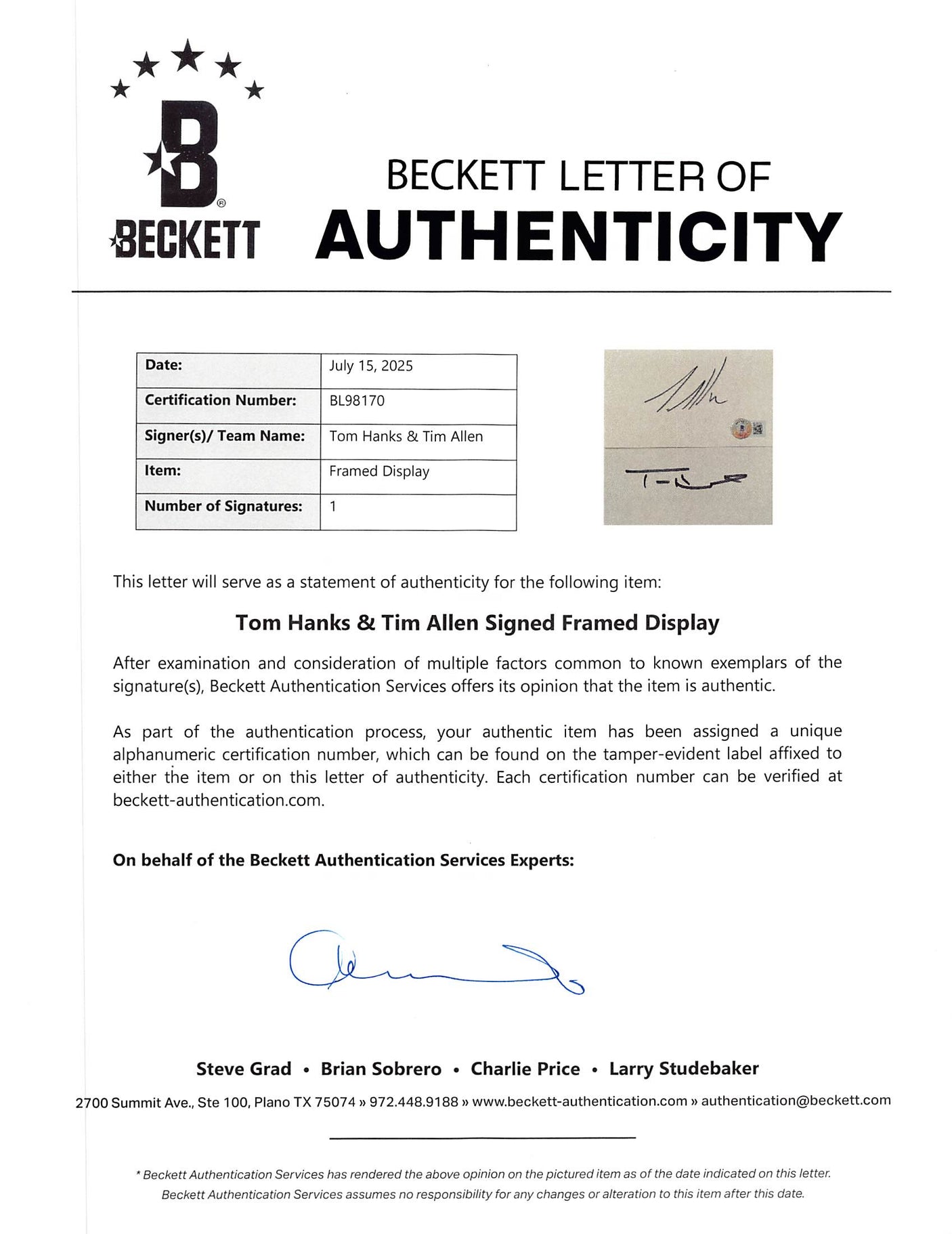 Tim Allen & Tom Hanks Toy Story Authentic Signed Framed Display Autographed BAS