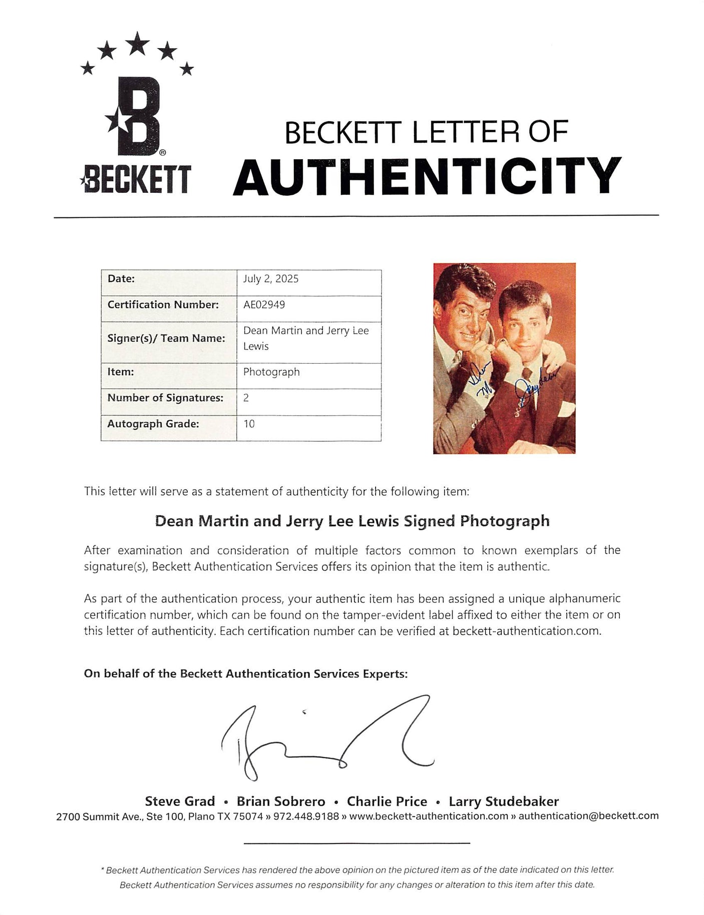 Dean Martin & Jerry Lee Lewis Authentic Signed 11x14 Photo Auto 10! BAS #AE02949