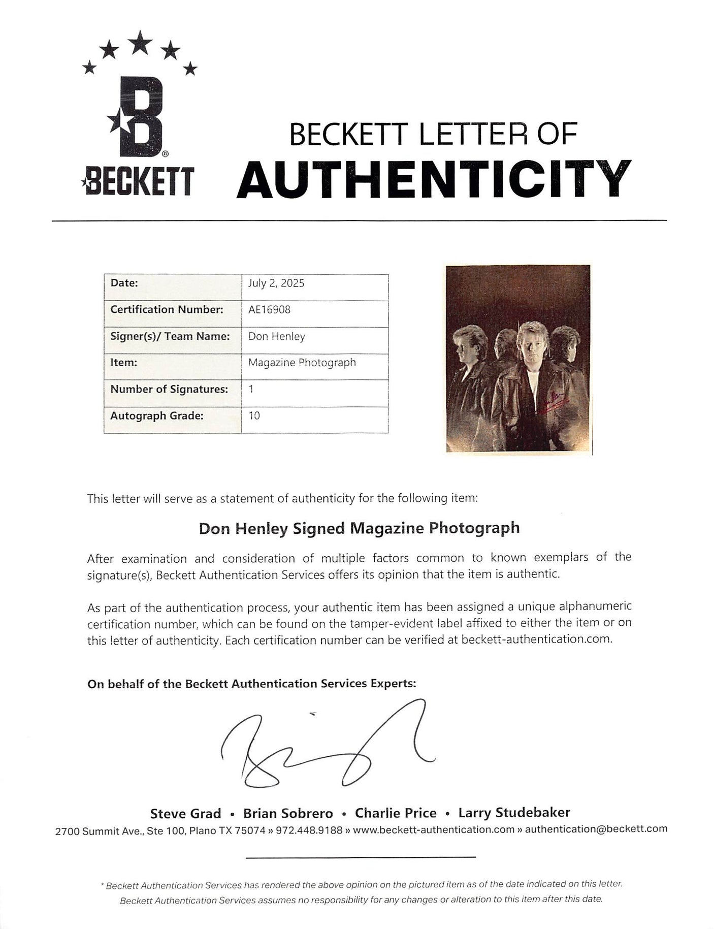Don Henley The Eagles Authentic Signed 11x14 Photo Auto Graded 10! BAS #AE16908