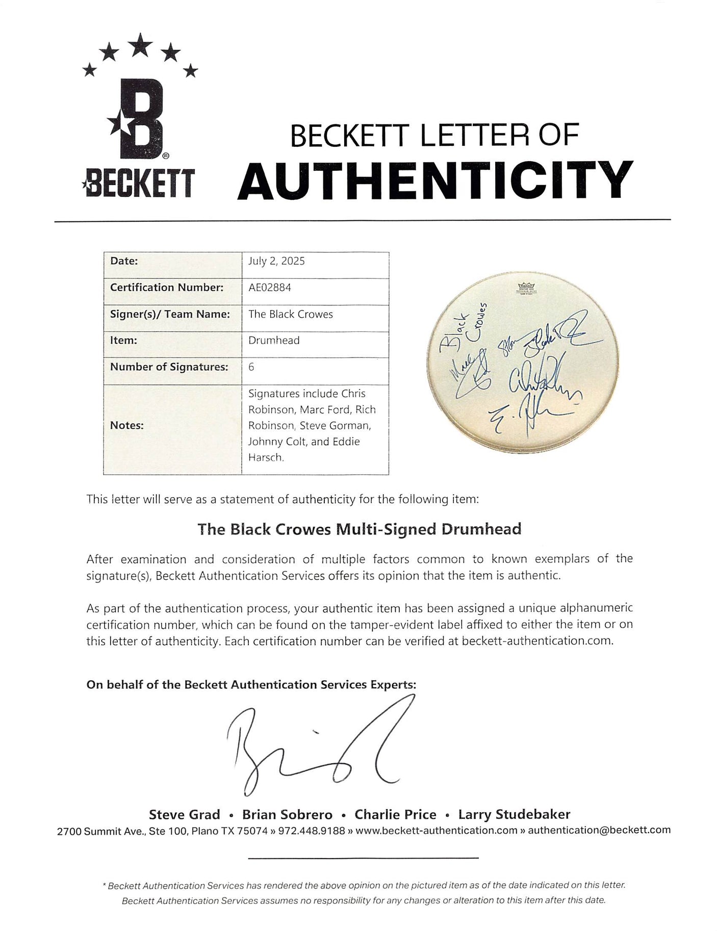 The Black Crowes (6) Robinson, Ford, Colt +3 Signed 13 Inch Remo Drum Head BAS