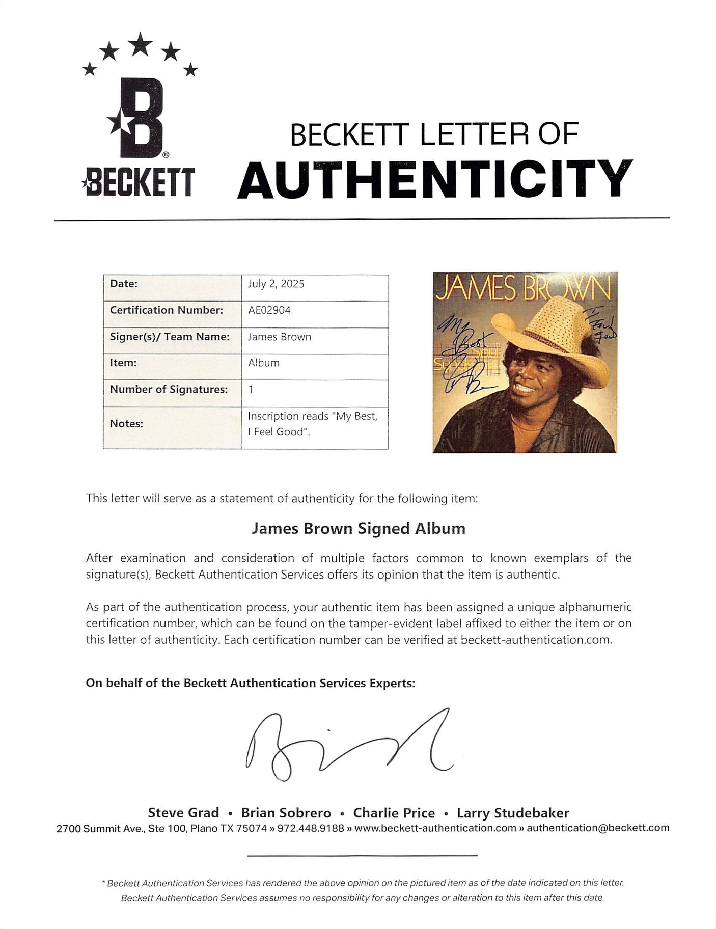 James Brown "My Best, I feel Good" Signed Soul Syndrome Album Cover BAS #AE02904