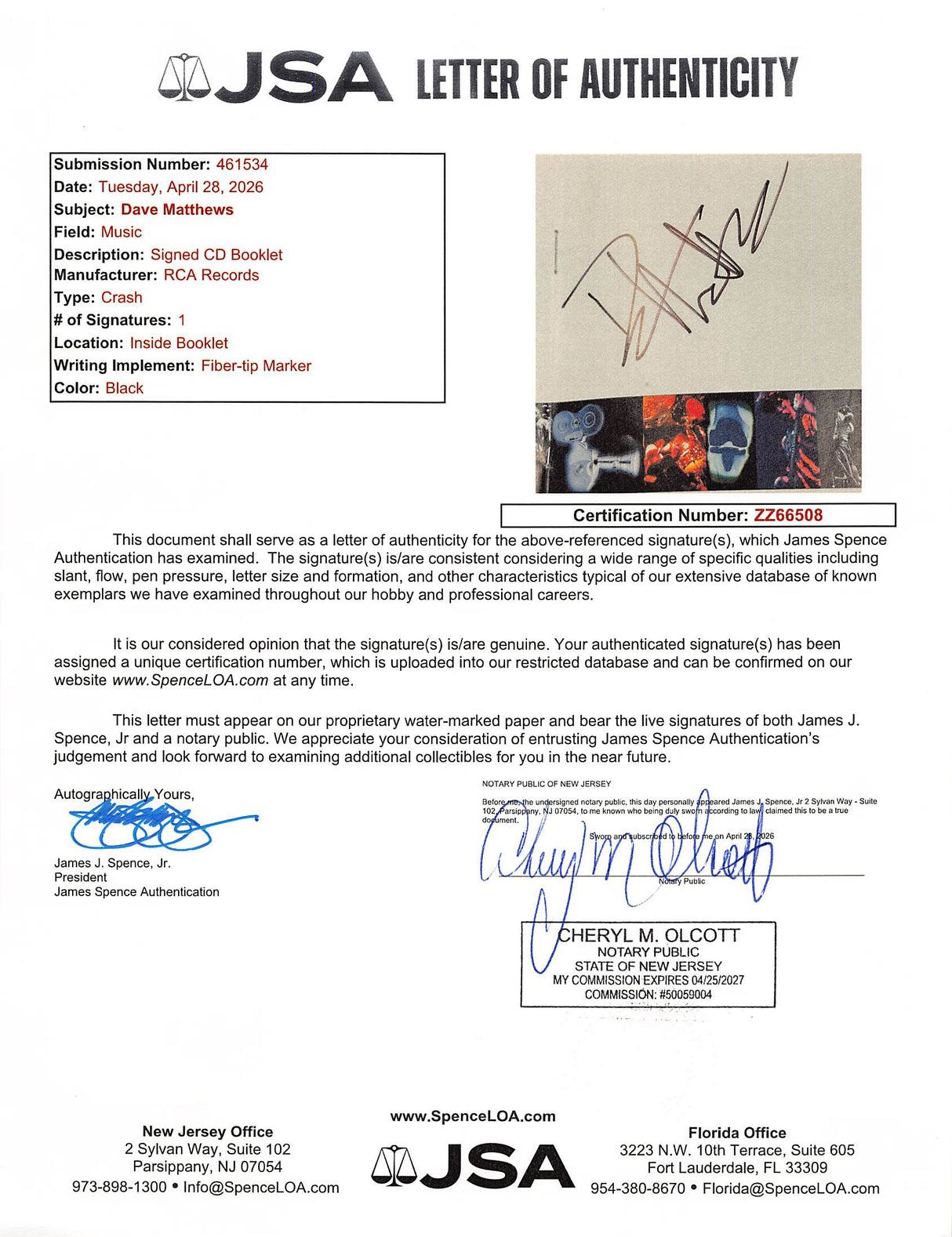 Dave Matthews Dave Matthews Band Signed Crash Album Framed Display JSA #ZZ66508