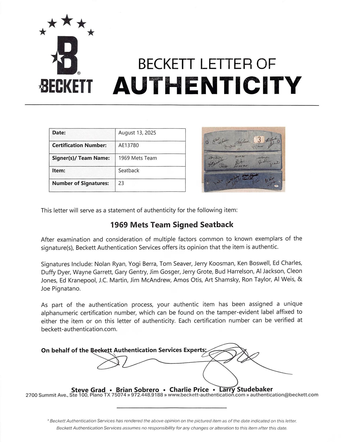 1969 Mets (23) Ryan, Berra, Seaver, Koosman +19 Signed Seatback BAS #AE13780